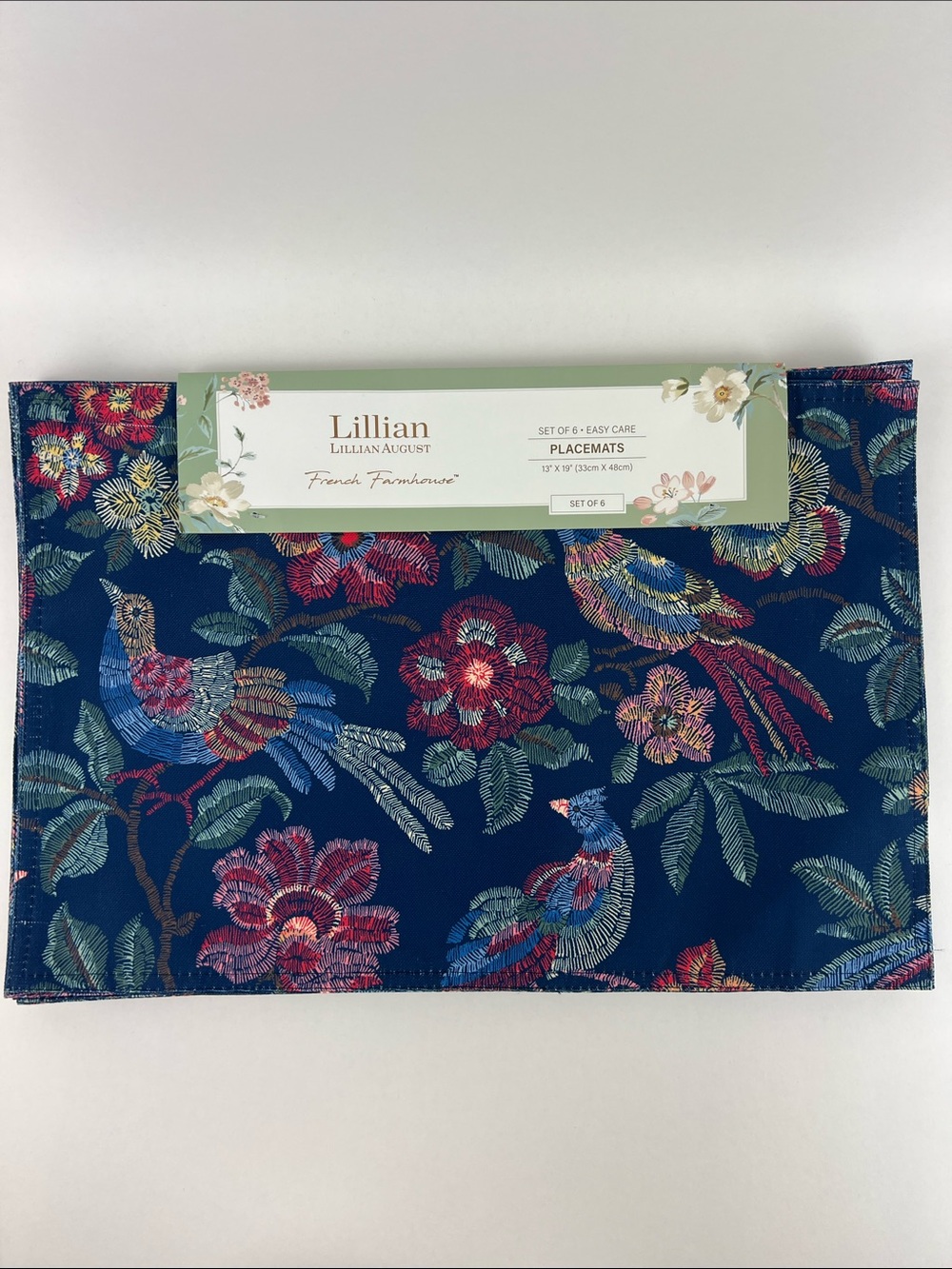 Lillian August French Farmhouse Placemats Multi Color Floral Birds Set of 6 NEW